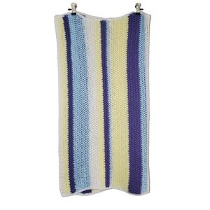Handmade‎ Crochet baby blanket striped white yellow blue purple 31"x34"